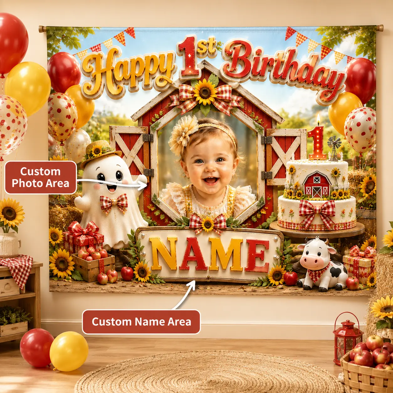 Custom Farm 1st Birthday Backdrop With Photo and Name, Barnyard Party Decor