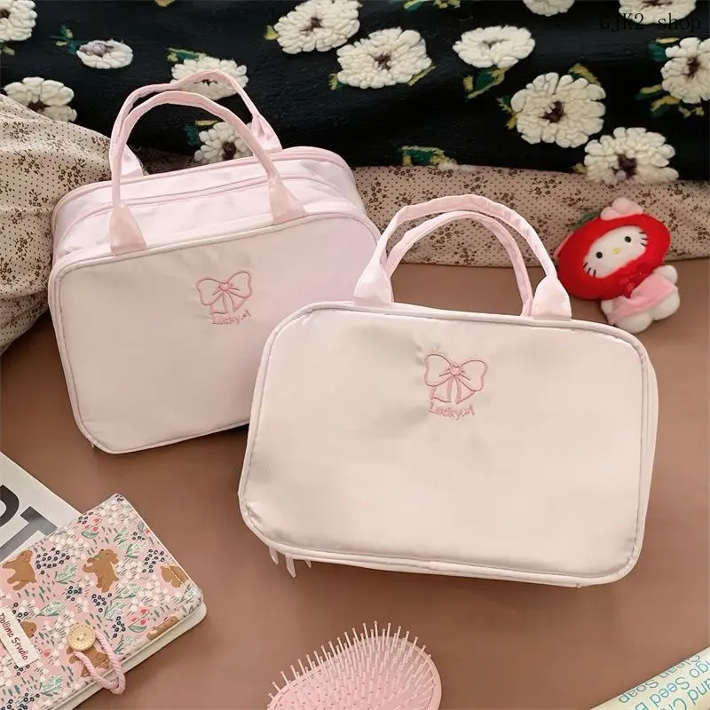Cute Bow Embroidery Cosmetic Bag, Lightweight Nylon Handbag, Large Storage Toiletry Pouch for Skincare & Makeup Supplies