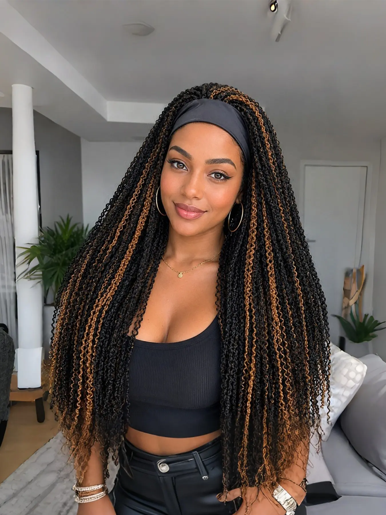 Boho Braided Headband Wig 30 Inch, Kinky Twist Synthetic Hair, with Highlights, Glueless Protective Wig for Women, Braided Wigs