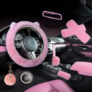 ZYNQACC 9 Pack Cute Bear Fluffy Car Accessories for Women Girls,Kawaii Fuzzy Steering Wheel Cover Universal 15 inch Plush Cute Ears (Pink)