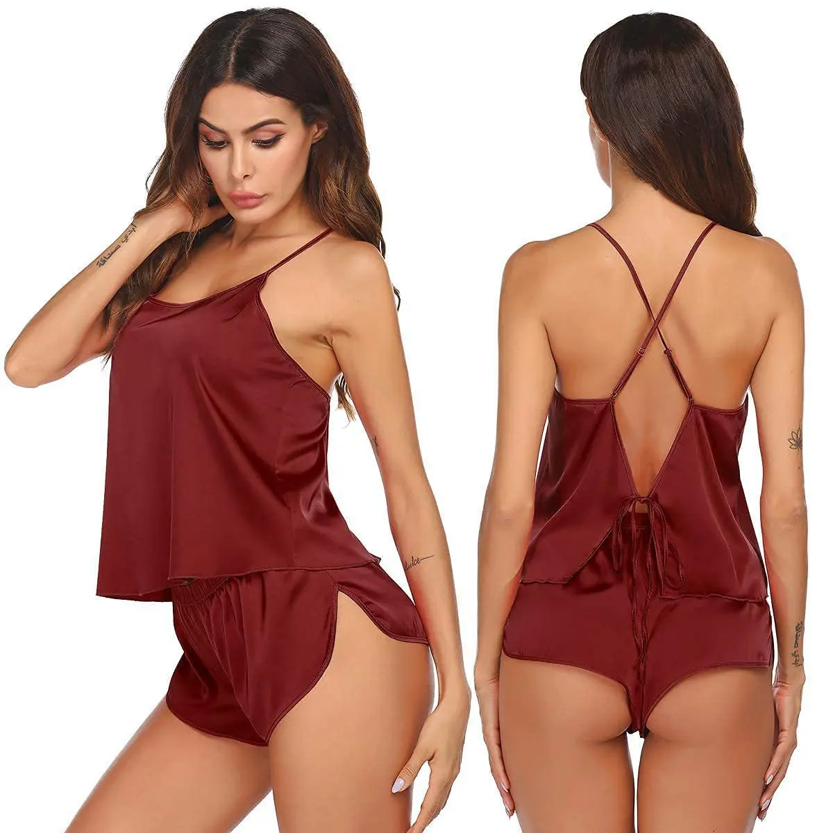 Women Backless Spaghetti Strap Cami & Shorts, 2 Pieces Intimate Loungewear Sleepwear Set Women Backless Spaghetti Strap Cami & Shorts, 2 Pieces Intimate Loungewear Sleepwear Set