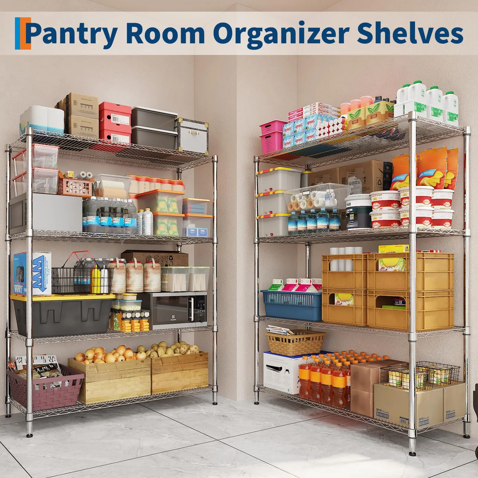 Garvee Heavy Duty Chrome Wire Shelving Unit – Adjustable 5 or 6-Tier Metal Storage Rack with 4" Wheels – 2000-2640 lbs Capacity – Mobile Utility Shelf for Kitchen, Garage, Pantry – 47.2"W x 17.7"D x 70.9"H