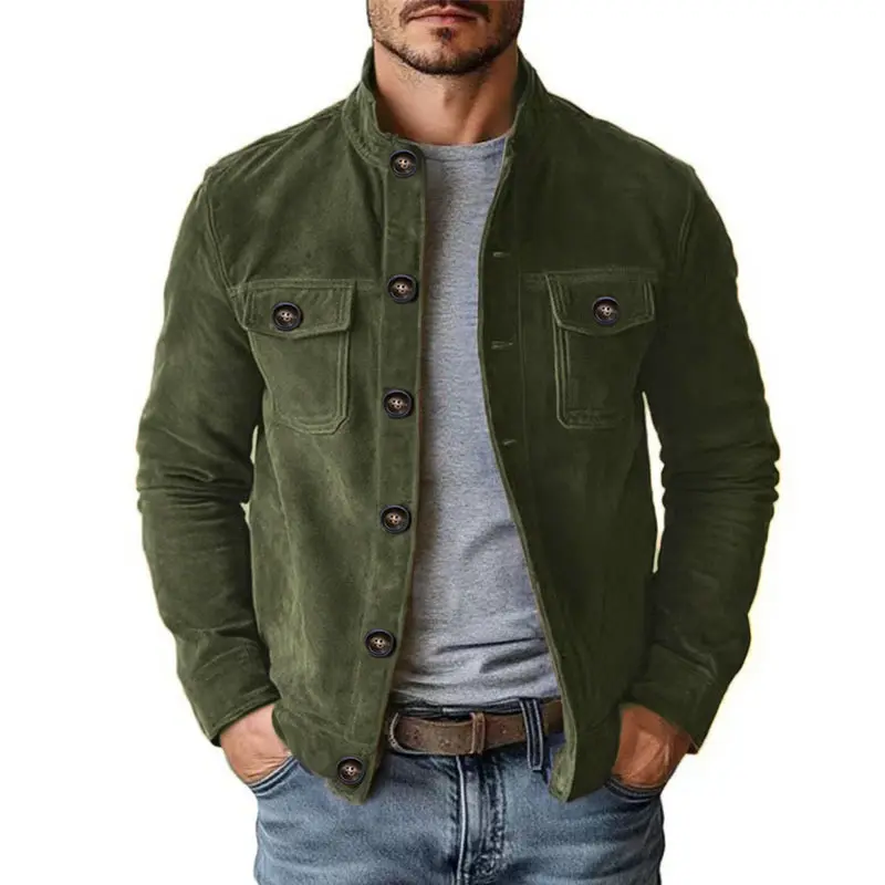 Men's Suede Bomber Jacket Stand Collar Button Up Chest Pockets Vintage Casual Lightweight Outerwear