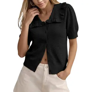 Short Sleeve Cardigan for Women Ruffle Collar Button Up Crochet Puff Sleeve Sweater Lightweight Summer Knit Tops