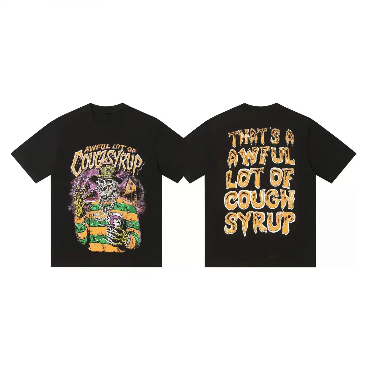 [graphic tee] Bold Letter Mosaic Graphic Tee , "That's a Awful Lot of Cough Syrup" Funny Statement Design with Playful Icon Motifs & Patchwork Typography, Casual Daily Fashion Top for Men Women Trendy Street Style Outfit  streetwear deals for today