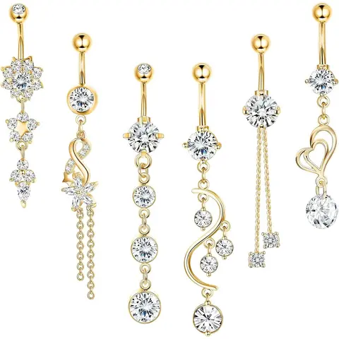 CASSIECA 6 Piece Geometric Body Jewelry Set, 14G 10mm 316L Stainless Steel CZ Dangle Belly Button Bar for Belly Piercing, Dainty Piercing Jewelry Sohochic