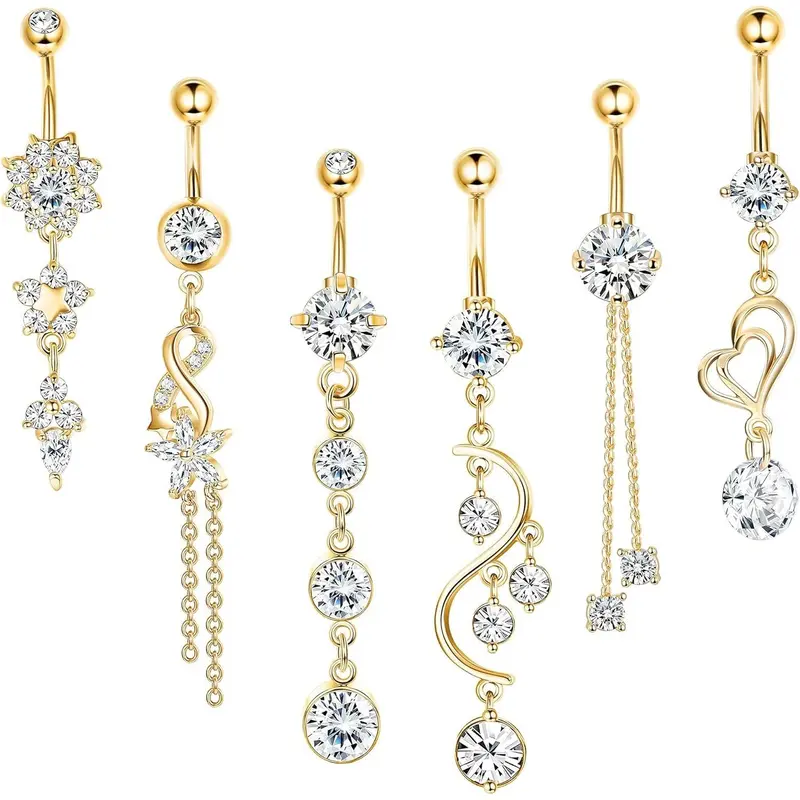 CASSIECA 6 Piece Geometric Body Jewelry Set, 14G 10mm 316L Stainless Steel CZ Dangle Belly Button Bar for Belly Piercing, Dainty Piercing Jewelry Sohochic