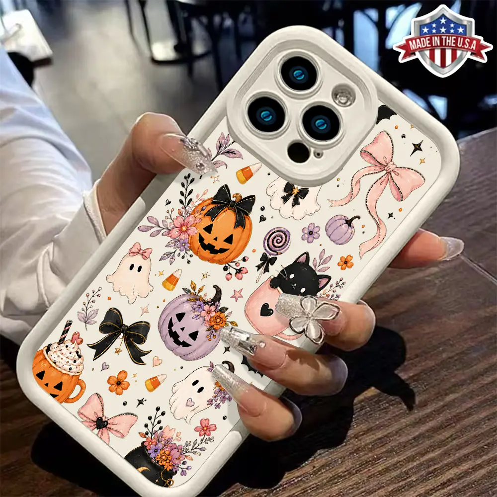 Cute Halloween Ghost Pumpkin Bow Slim Case for iPhone 17 16 15 14 Pro Max 13 12 11 XR XS Plus Air Shockproof Anti Drop Anti Scratch TPU Cover