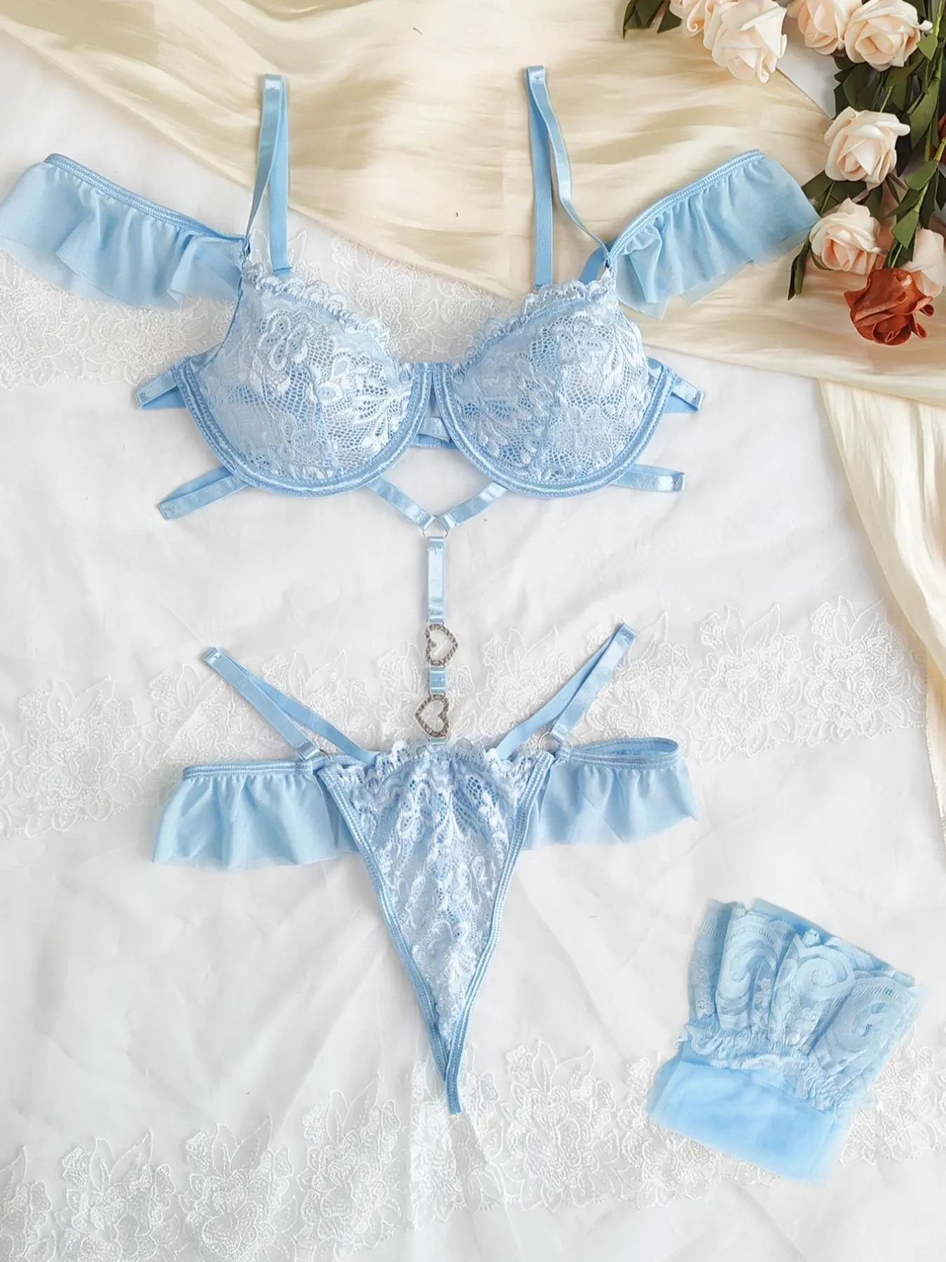Sexy Lace Women's Bodysuit, Sheer See-through Lace Spliced Loungewear, Underwire Spaghetti Strap 3-Piece Set with One Pair of Stockings, Perfect for Private Parties women's clothing