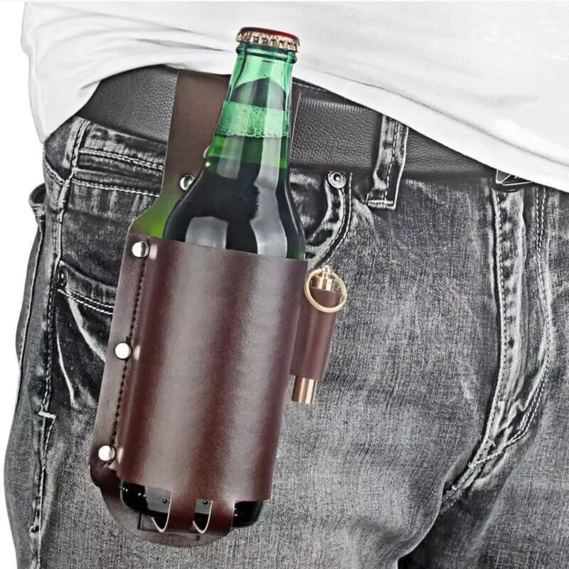 Leather Beer Can Holster for Men, Vintage Waist Belt Beverage Holder, Portable Outdoor Beer Bottle Carrier, Hands-Free Drink Sleeve for Hiking, Camping, Fishing, Tailgating, BBQ & Adventure Travel