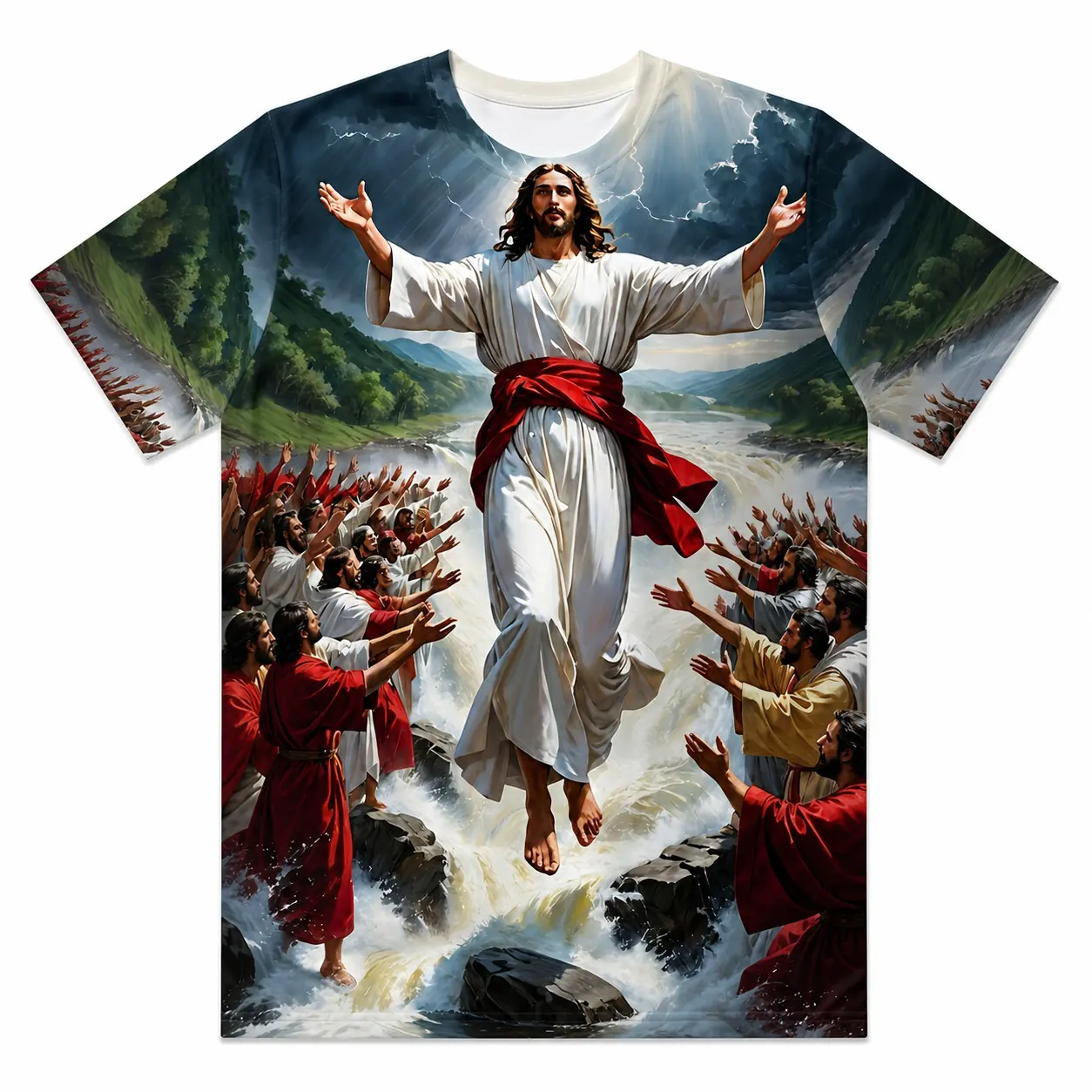 Men's resurrected Jesus rising above agathered crowd Graphic T-Shirt, Short SleeveCrew Neck All Over Print Tee, Casual StatementTop, Jesus resurrection shirt, Easter graphic tee,Christian faith T-shirt, religious apparel, churchgift, Everyday