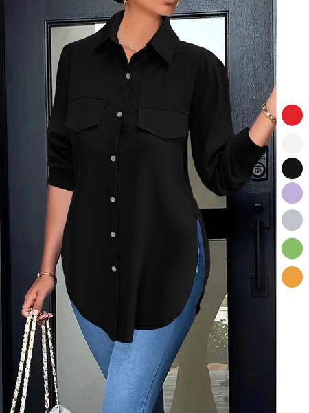 Women's Plain Button Front Split Hem Shirt Blouse, Casual Long Sleeve Collared Top for Spring & Fall, Summer Outfits 2024, Women's Clothing for Daily Wear