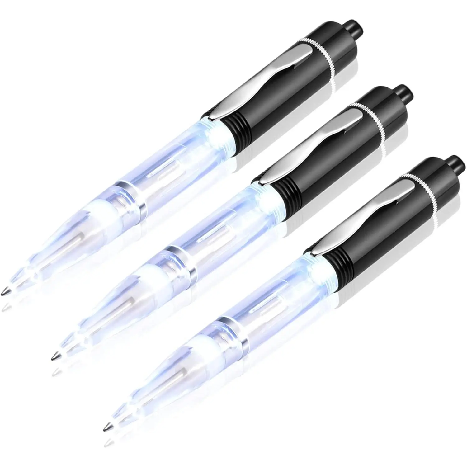 LED Light Pen, Lighted Ballpoint Pen Penlight for Nighttime Writing – White Light with Black Shell- Pack of 3 Pens