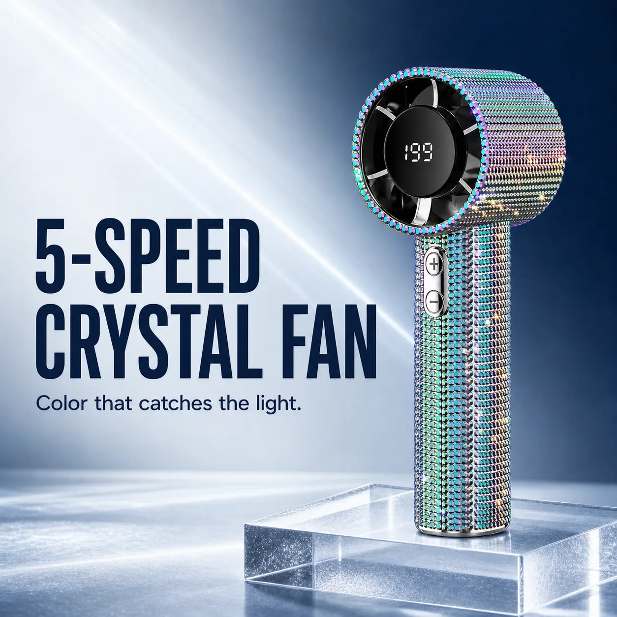 Crystal-Finish Rechargeable Handheld USB & Mobile Fan with Digital Display - 5 Speed Settings, USB-C Charging, Pass-Through Charging, Cordless Battery Operated, Hand-Controlled, Portable, Adjustable Multi-Setting - Ideal for Commuting, Travel, Cordless Ba