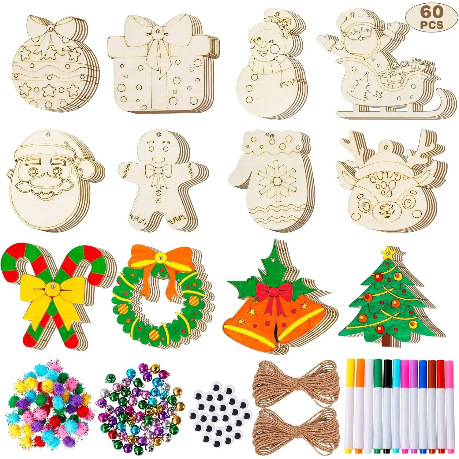 DIY Woodwork Craft Kit - 60-Count Light Smooth Unfinished Wooden Christmas Tree Ornaments Bulk, Paintable Decorations with 12 Coloured Pens, 60 Jingle Bells