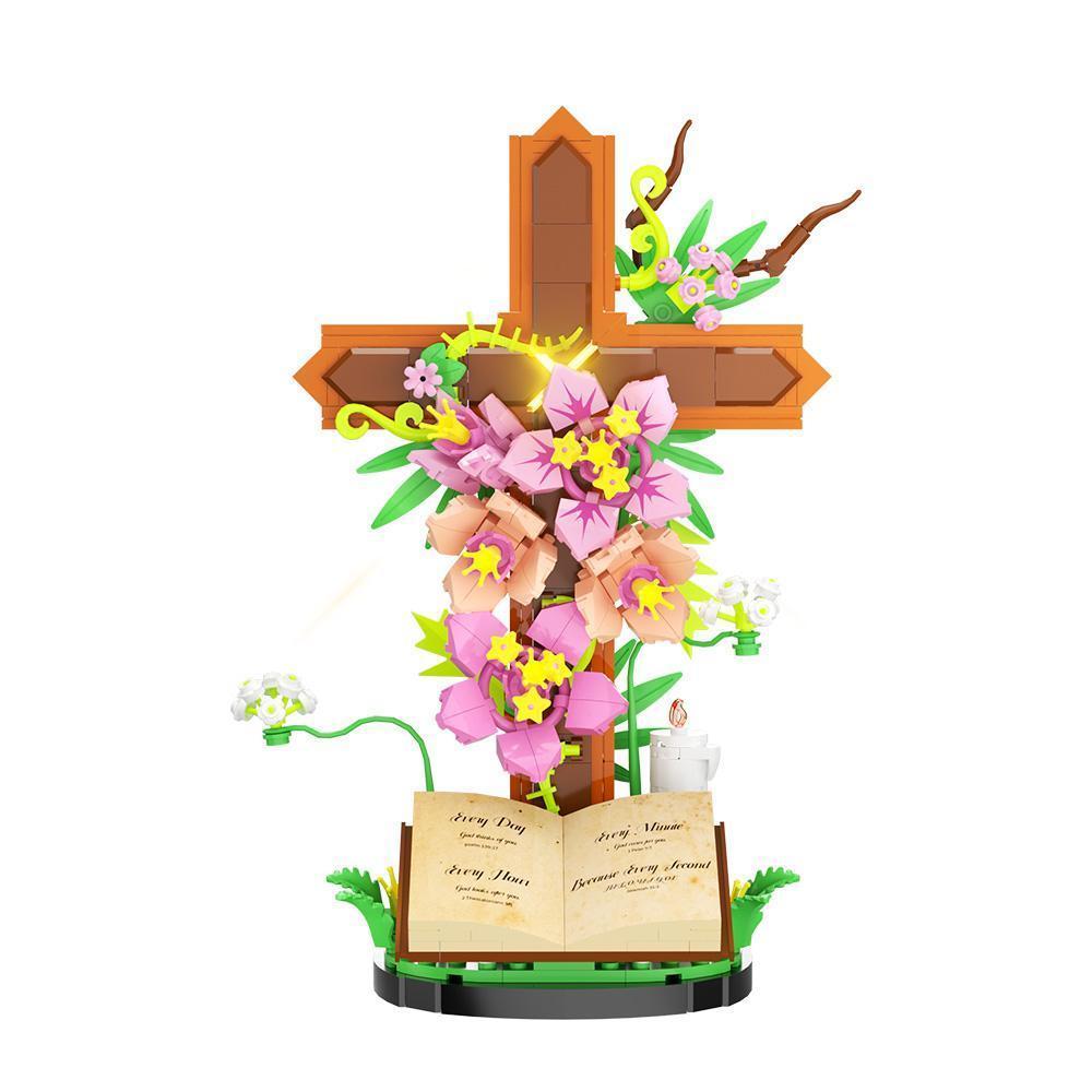 MOC Cross Flower Building Blocks Jesus Cross Tulip Decorative Bricks Adult Toy Christmas Gift