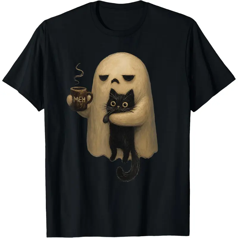 Halloween T-shirts, ChristmasSpooky Ghost Holding Black Cat Coffee Lover Funny Halloween