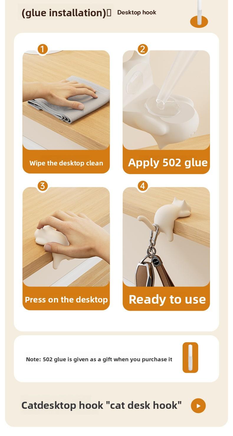 【4 pack】Cat-shaped bag hook, no-trace, no-drill, multifunctional side hanger for elementary school students' desks