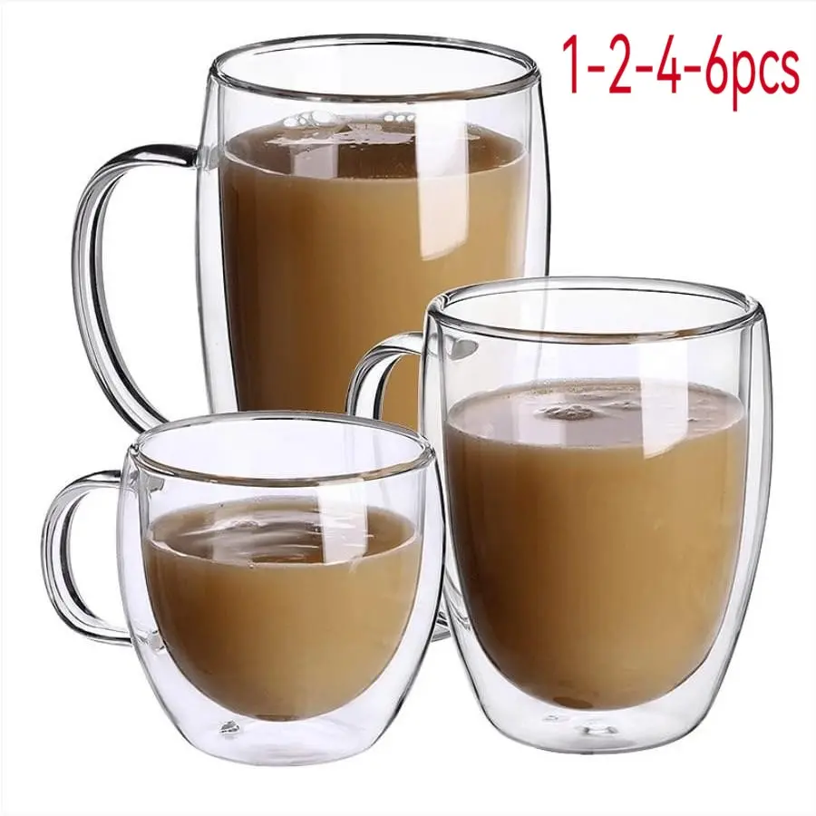 Double Walled Glass Coffee Cup with Handle, Temperature Control, Ideal for Espresso, Milk, Iced Coffee, Cappuccino, Cold Hot Drinks, Gift Set, Coffee Glasses, Kitchen Drinkware Cups