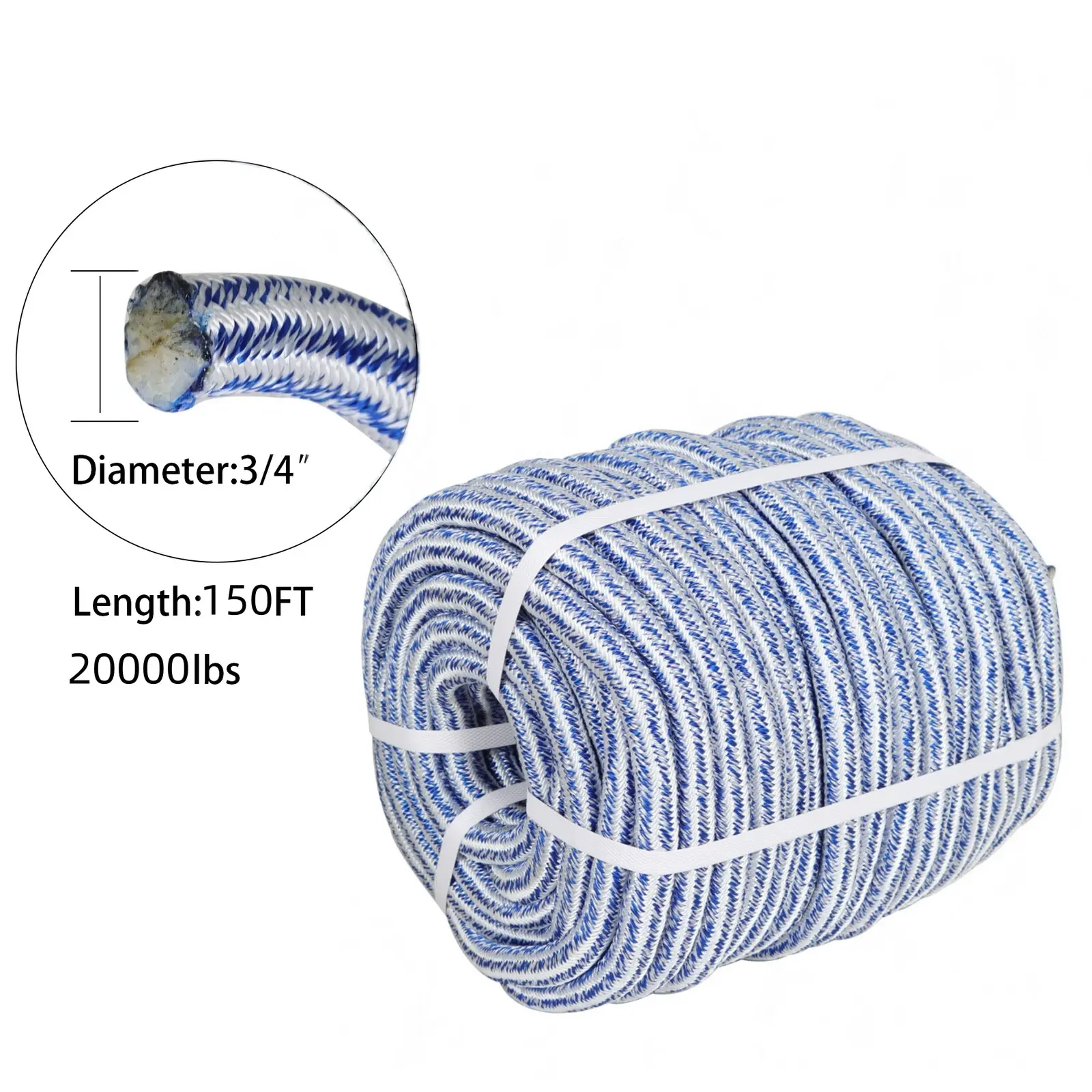 Arborist Tree Rope 20000Lbs 3/4" × 150' 24 Strand Braid Polyester Rope