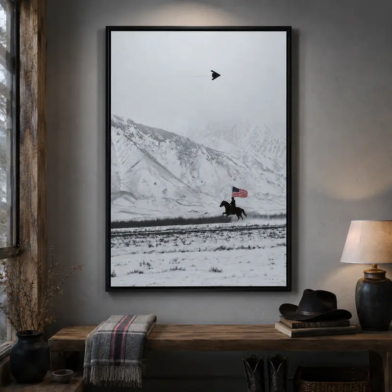 Cowboy on Horse and B2 Spirit Flying Satin Poster- America Western Mountain Wall art military aviation poster western home decor Aviation poster print aviation wall art satin poster aviation themed poster military wall art patriotic flag