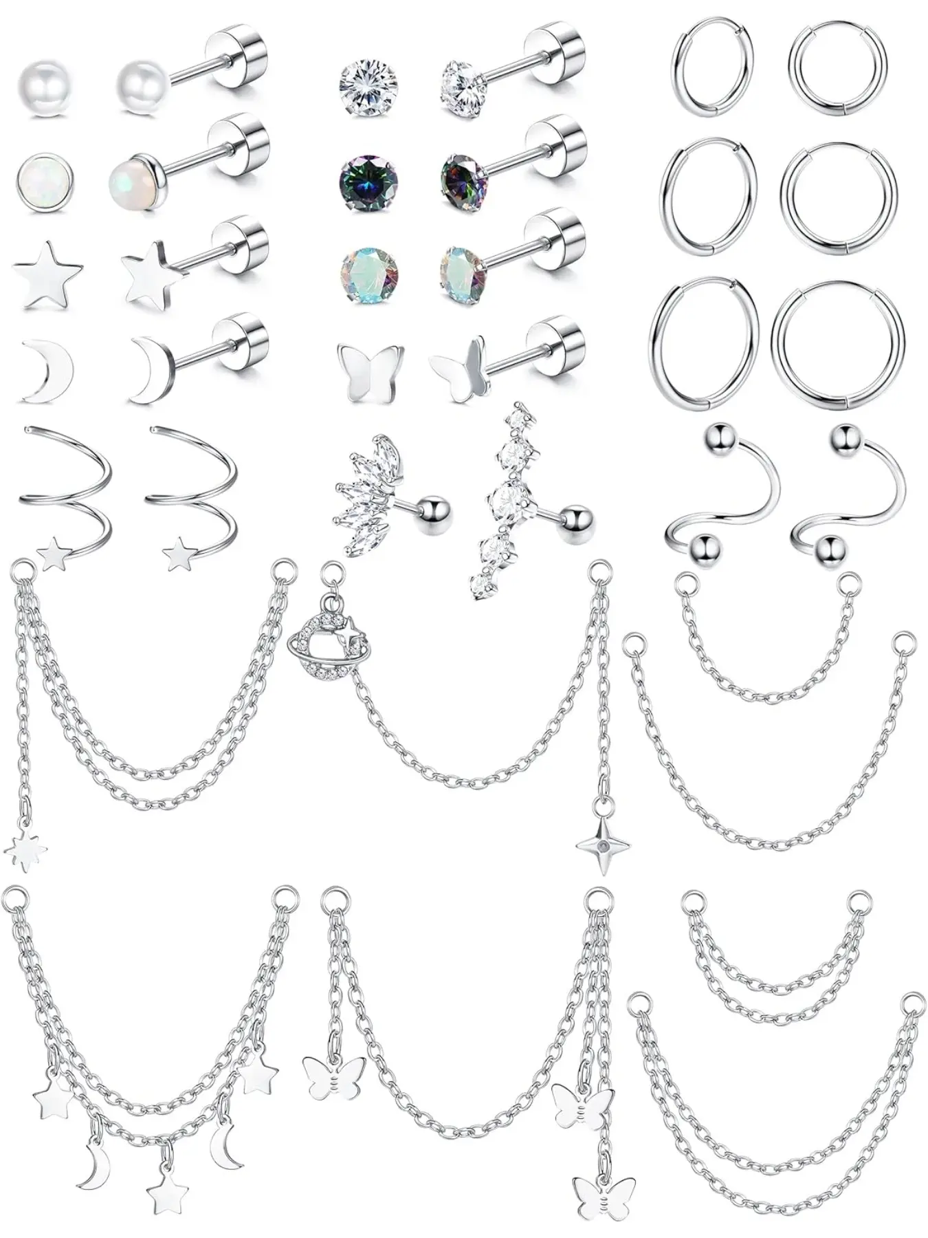 20g Hypoallergenic Helix Earrings for Women, Surgical Steel Piercing Jewelry, Flat Back Studs, Small Hoops, Dangle with Chain