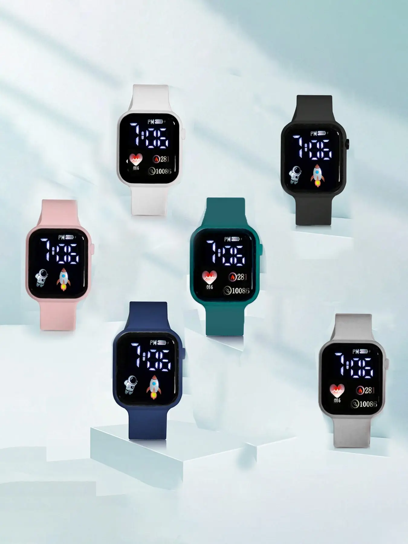 6-Piece Sports Watch Set for Men Women Teens, Electronic Rocket Heart Digital Display, Cute Fashion Analog Watch, fashion watches, Multiple Colors Available