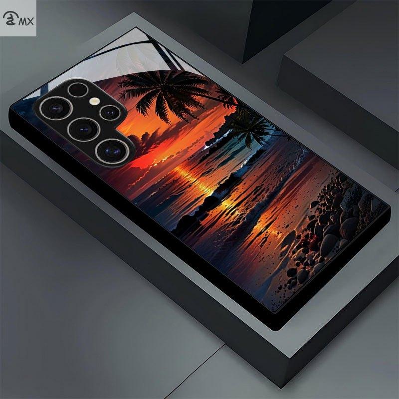 Phone Case: Sunset Beach Coconut Tree Scenic Pattern Design Black Tempered Glass Phone Case Suitable for Samsung Galaxy S26 S25 S24 S23 S22Pro S21 S20 Fe Plus Ultra Pro A56 A55 A54 A53 A52 A51 A36 A35 A34 A32 A26 A25 A24 A23 A16 A15 A14 A06 A05 A03s