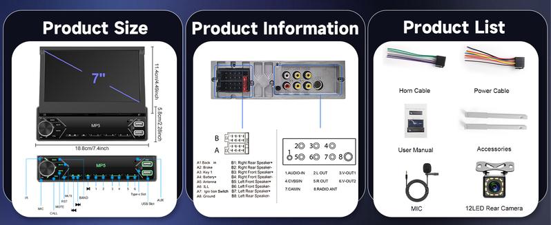 Car Stereo Single Din Touchscreen, 7 Inch Flip Out Car Radio 1 DIN with Bluetooth FM Radio Mirror Link for Android/iOS Phone Support TF/USB + Camera + MIC