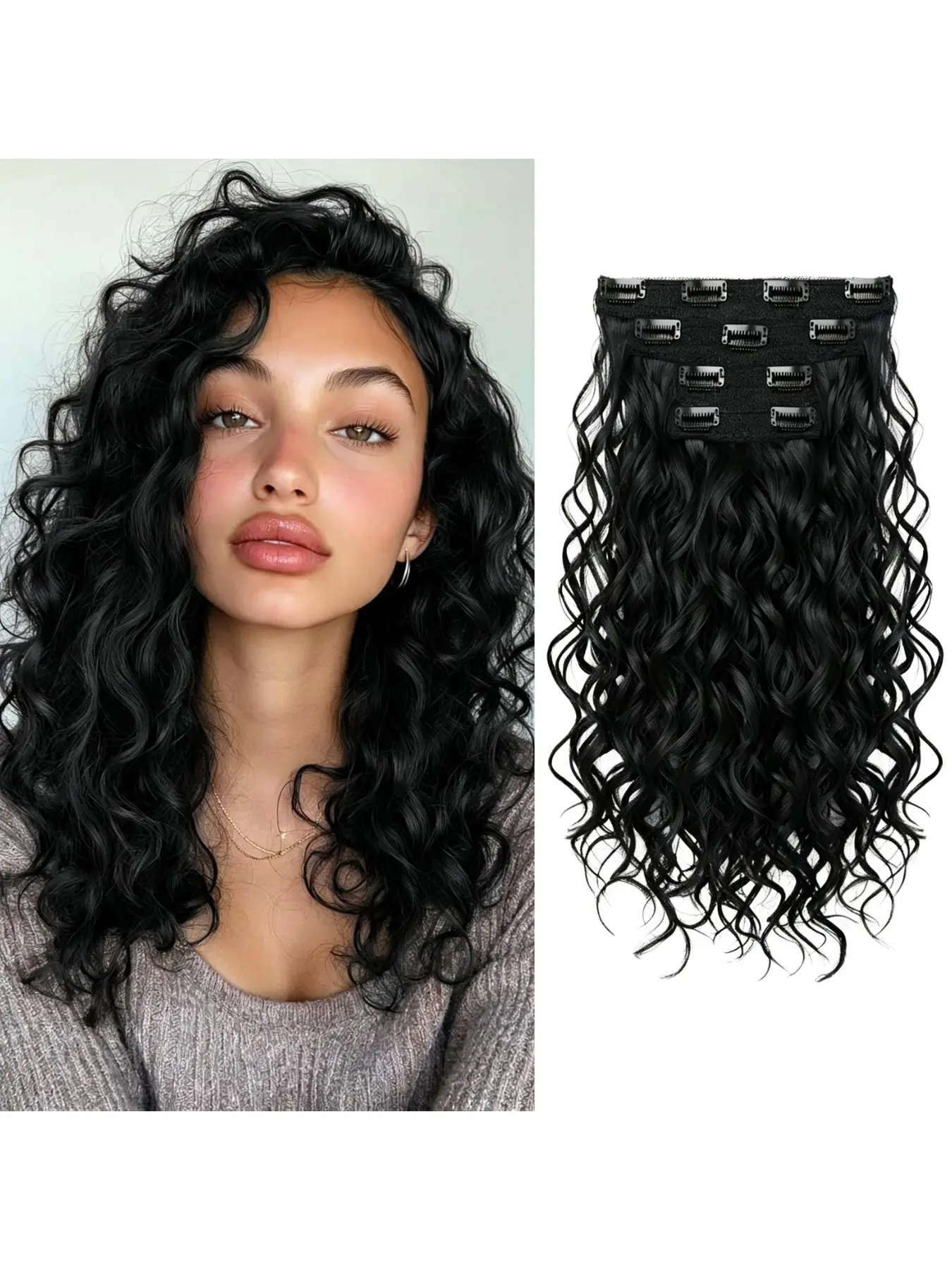 Curly Hair Extensions, 4PCS 16 inch Clip in Hair Extensions Lace Weft Short Curly Hair Extensions Clip Ins Invisible Natural Hairpieces for Women, Silver Grey