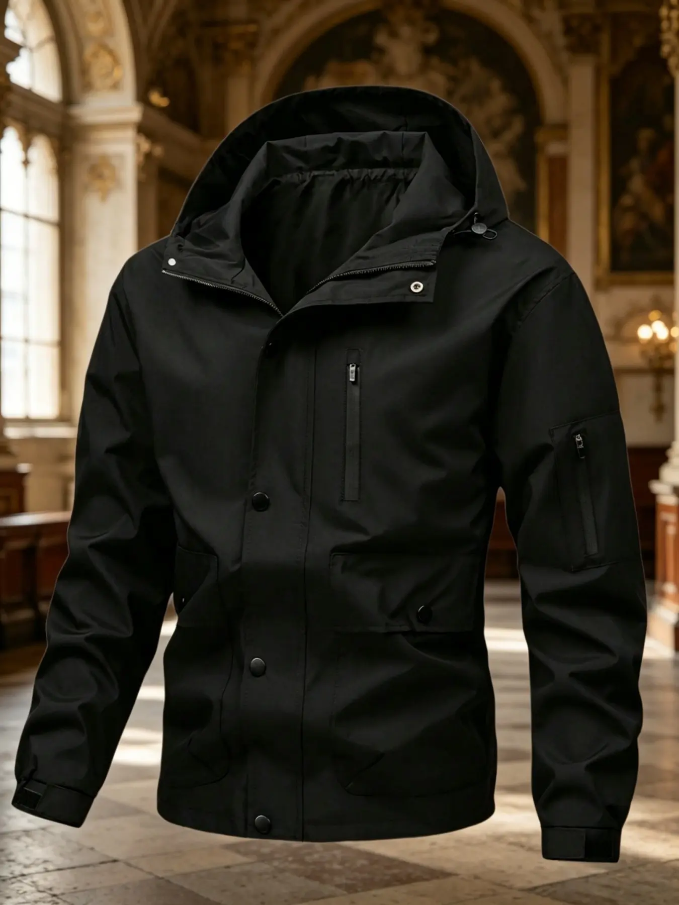 Men's Wind-Resistant Hooded Jacket, Multi-Pocket Zipper Outerwear, Outerwear with Pockets, Lightweight Breathable Street Style, Casual Daily Wear, Campus Commute, Sports