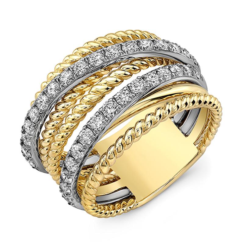 Fashion Multi-Band Two-Tone Pave CZ Ring | Twisted Rope Stackable Statement Jewelry