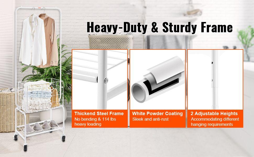 VEVOR Metal Rolling Laundry Basket with Hanging Garment Rack, Height Adjustment Laundry Hamper Cart with Basket Load and Shelf Load, Storage Organizer with Heavy Duty Lockable Wheels