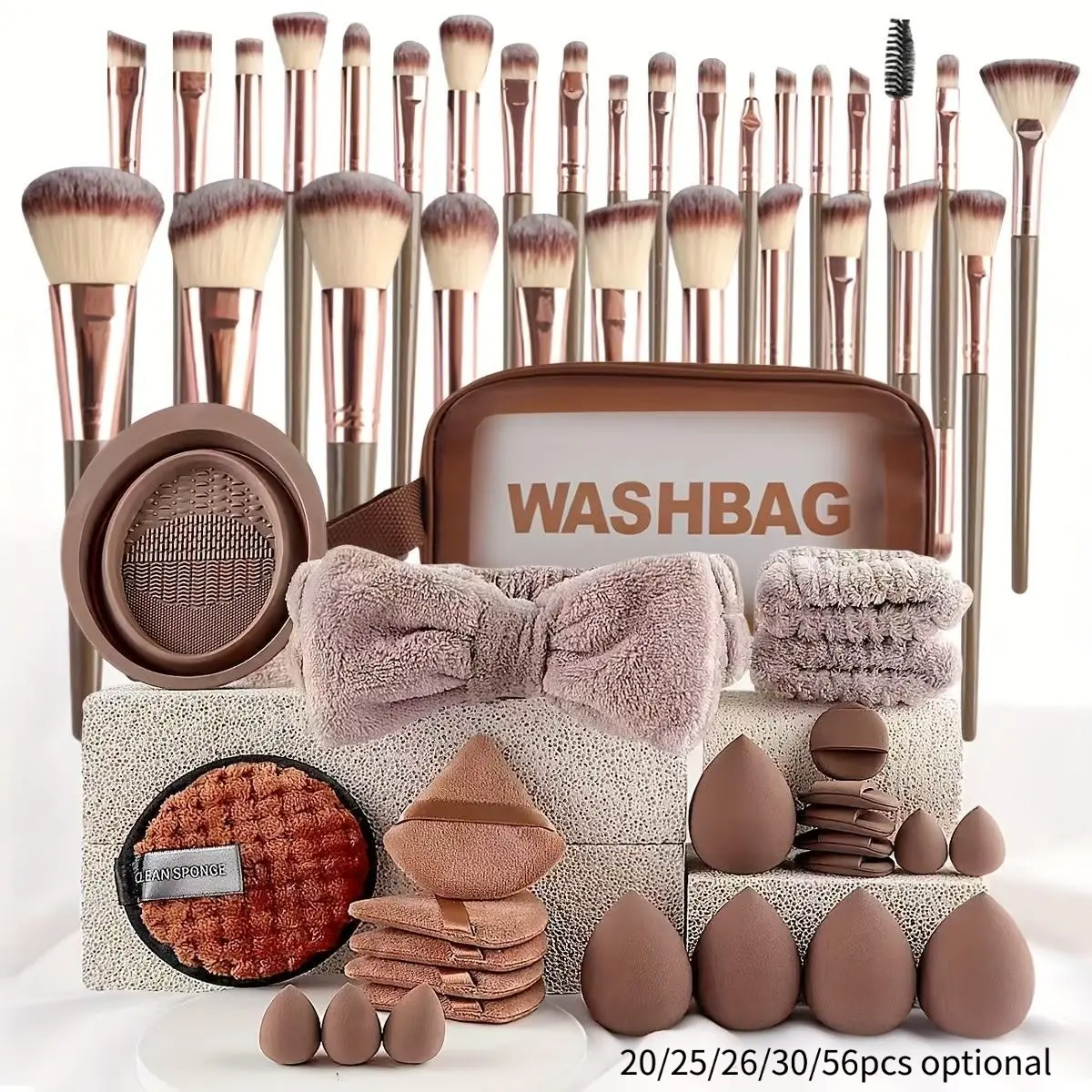 Coffee Color Makeup Brush Set – 20/26/30/56pcs Full Kit, Cosmetic Makeup Tool Professional Makeup Brushes + Makeup Sponge + Powder Puff + Hair Tie, Travel Makeup Bag Included, Beauty Tools Gift for Women Girls Christmas Valentine's Day