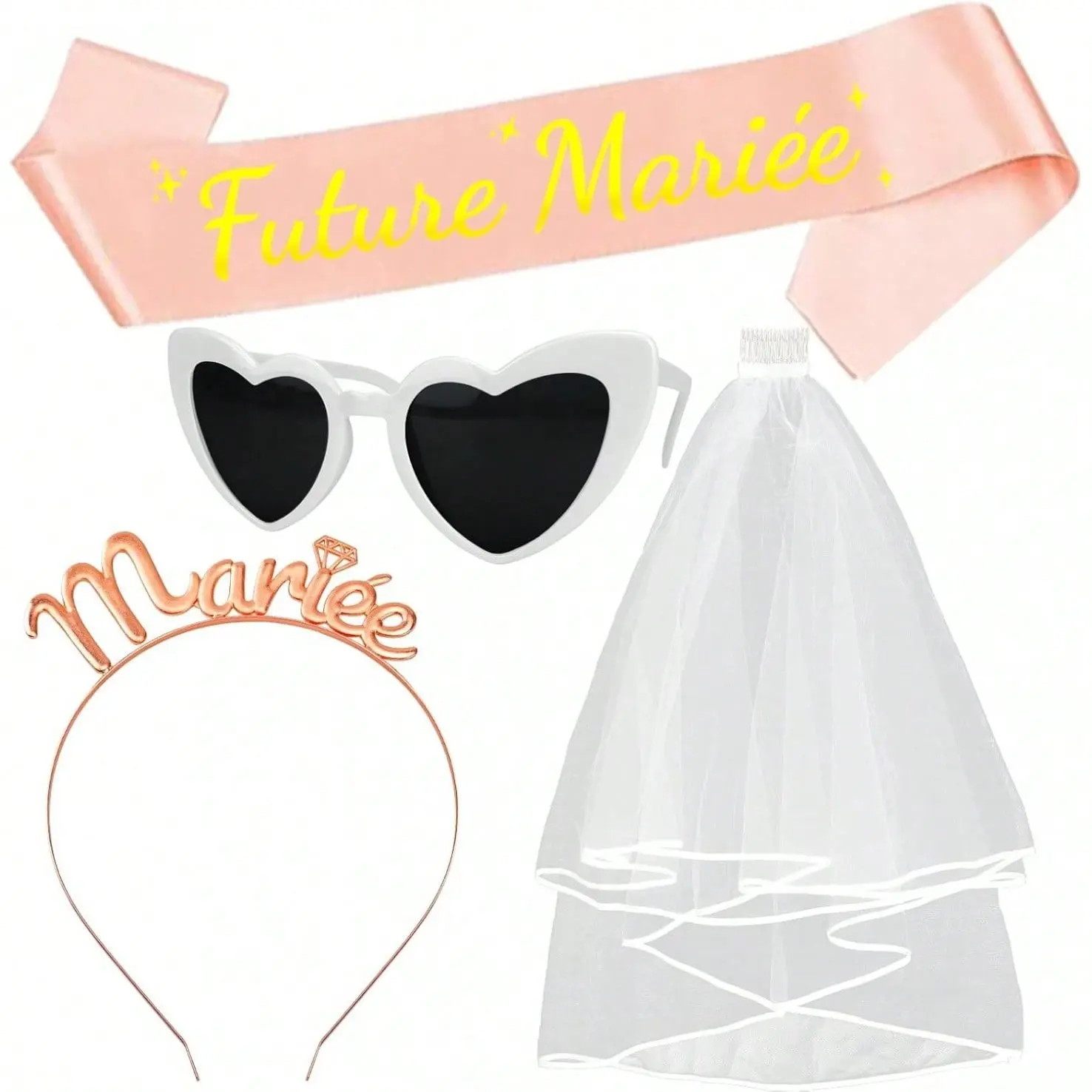 1 Set (4 Pcs) Evjf Wedding Accessories, Crown Headband, Rose Gold Bracelet, Heart Decoration, Party for Bridesmaids