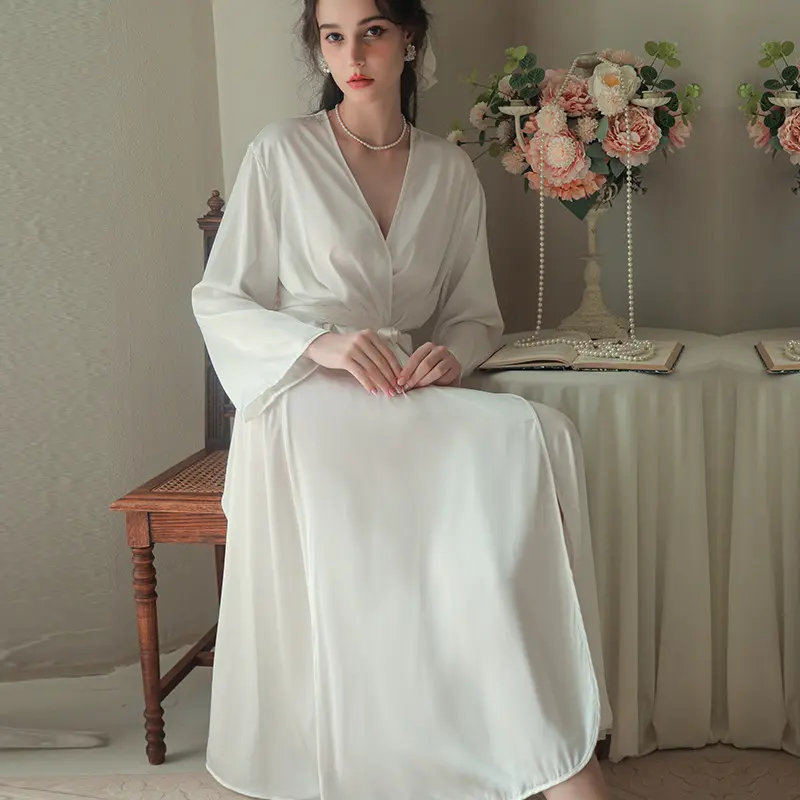 Women's Long Satin Bridal Robe, Kimono Style V-Neck Self-Tie Bathrobe, Elegant Wedding Getting Ready Robe for Bride & Bridesmaid