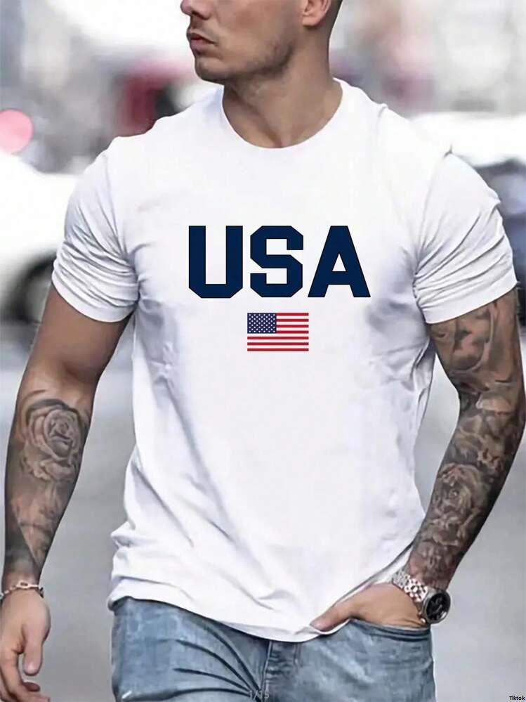 Shirt - AmericanFlagPrintCasualRoundNeckShortSleeveT 2025Men sSummerLetter