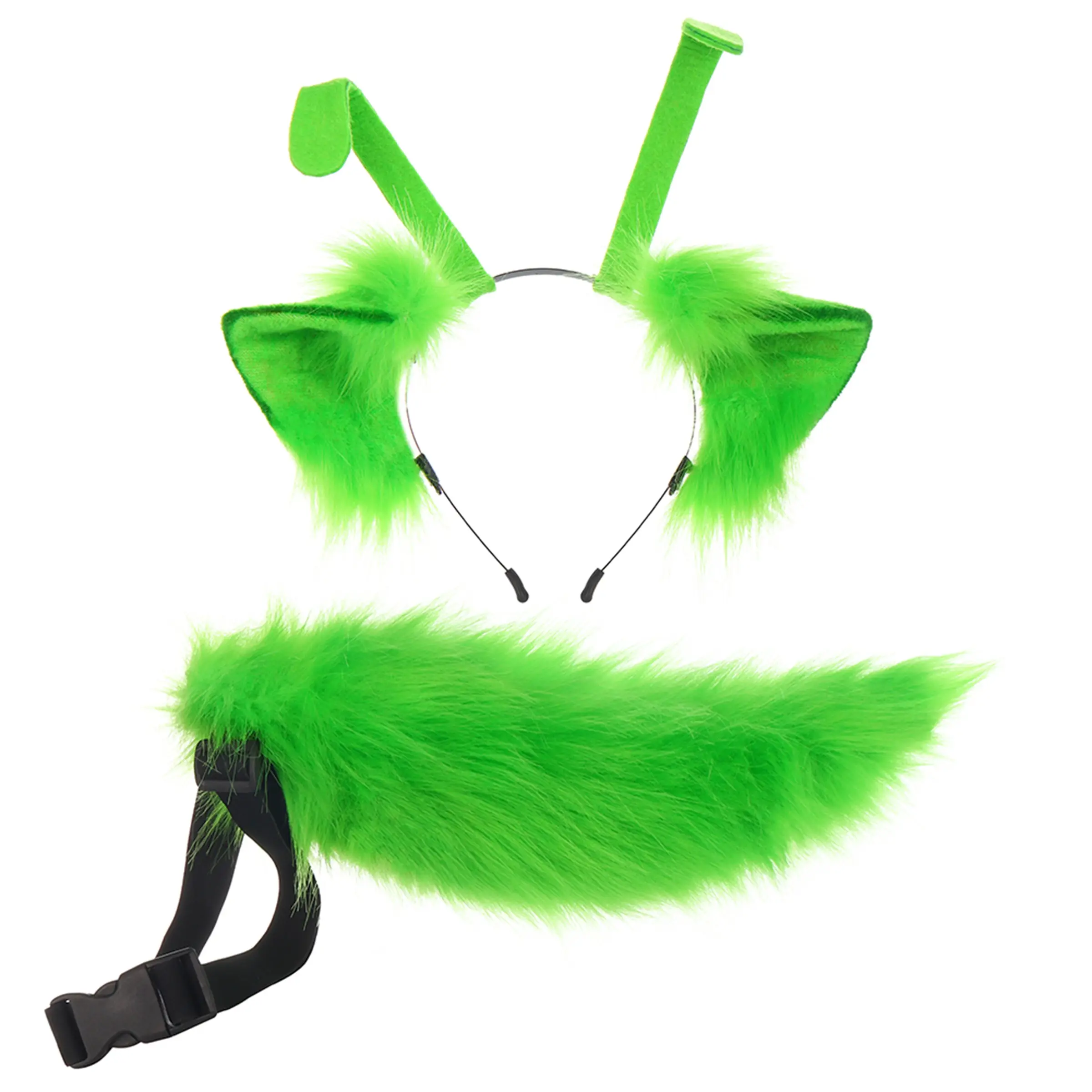 Handmade Plush Kitten Ear Headband and Green Tail Cosplay Set