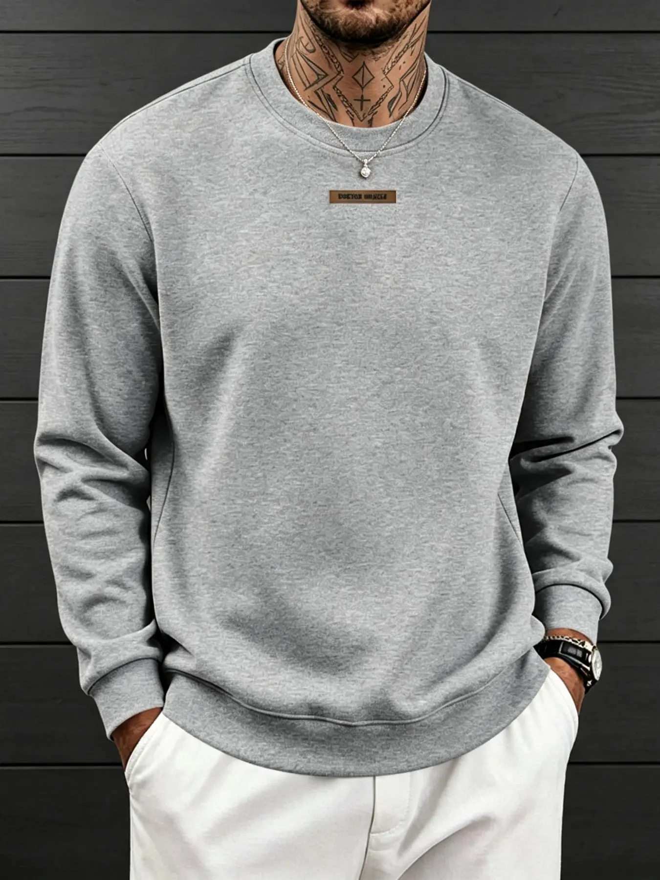 Men's Fall Winter American‑Style Loose Heavyweight Fleece‑Lined Crewneck Sweatshirt, High Street Hip‑Hop Trendy Casual Basic Pullover With Silicone Logo On Chest, Thick Warm Daily Streetwear Top, 9 Colors Plus Sizes S‑3XL In Stock