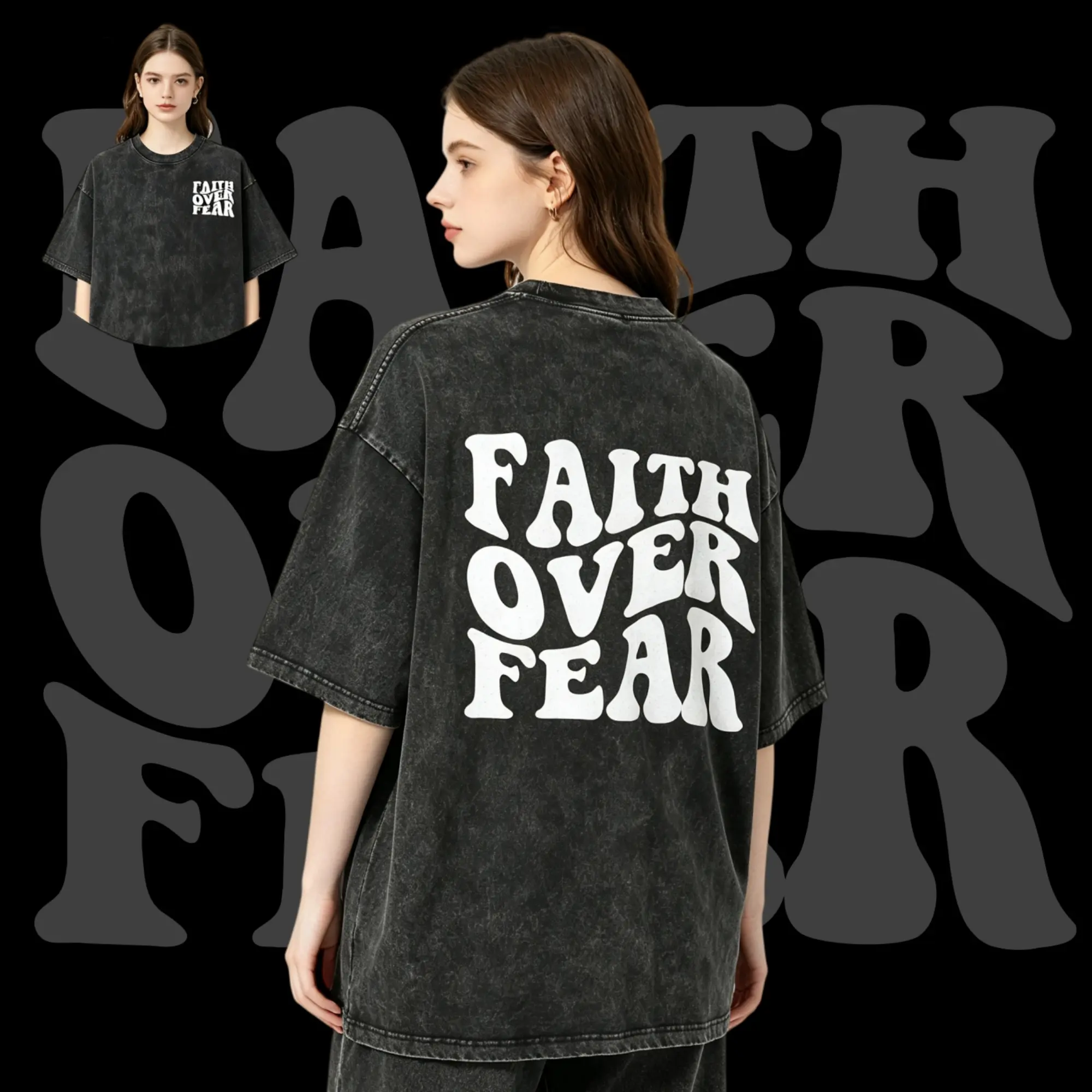 Faith Over Fear Vintage Acid Wash T‑Shirt Double Sided Groovy Letter Graphic Tee Casual Streetwear Top For Women