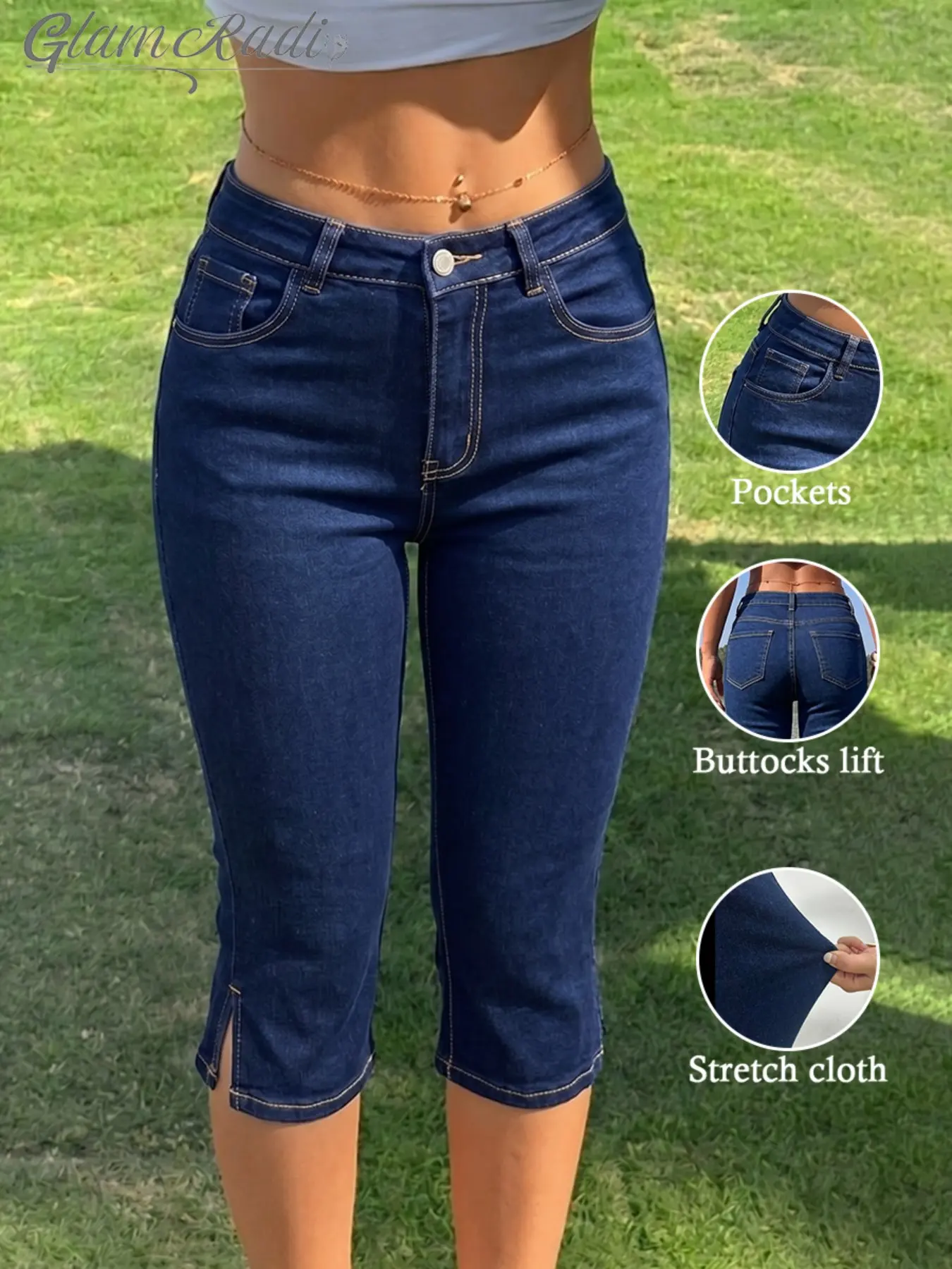 Women's High-Waisted Seven-Quarter Denim Jeans, Blue Washed Elastic Leggings, Summer Vacation Commute Casual Wear, Slimming & Comfortable