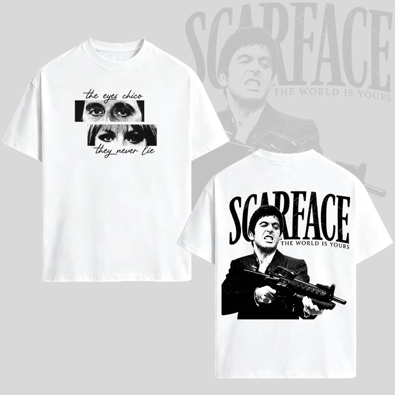 Men'S "Scarface" Pattern T-Shirt, Fashionable Black Short-Sleeved Round-Neck Summer T-Shirt, Retro Gangster Style Pattern T-Shirt, Men'S Fashionable Black Short-Sleeved Round-Neck Summer T-Shirt, Cotton, Movie-Inspired Streetwear Top