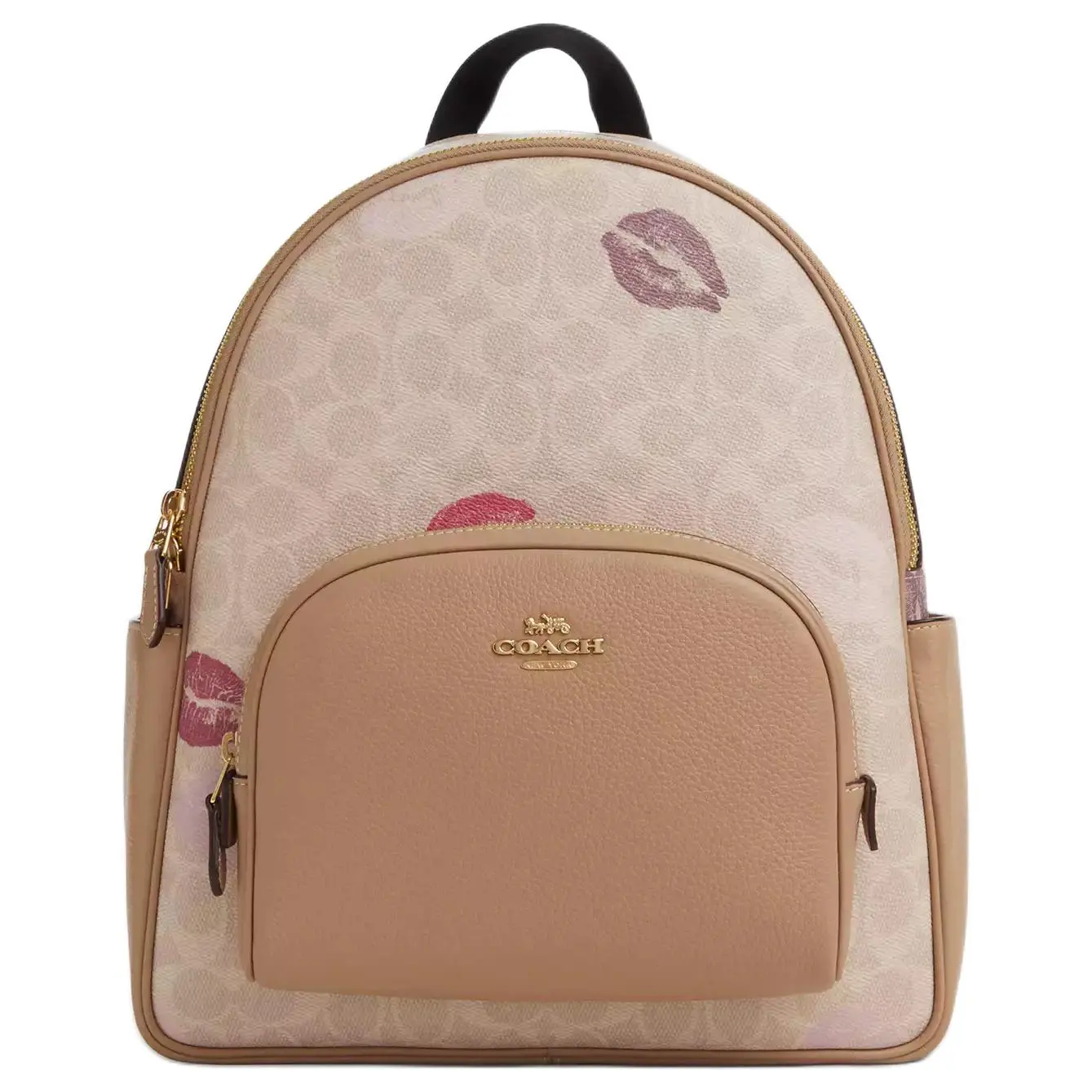 COACH Teri 27 Backpack for Women – Logo-Printed Zip-Closure Coated Canvas and Leather, Oversized, Gold and Sand Multicolor