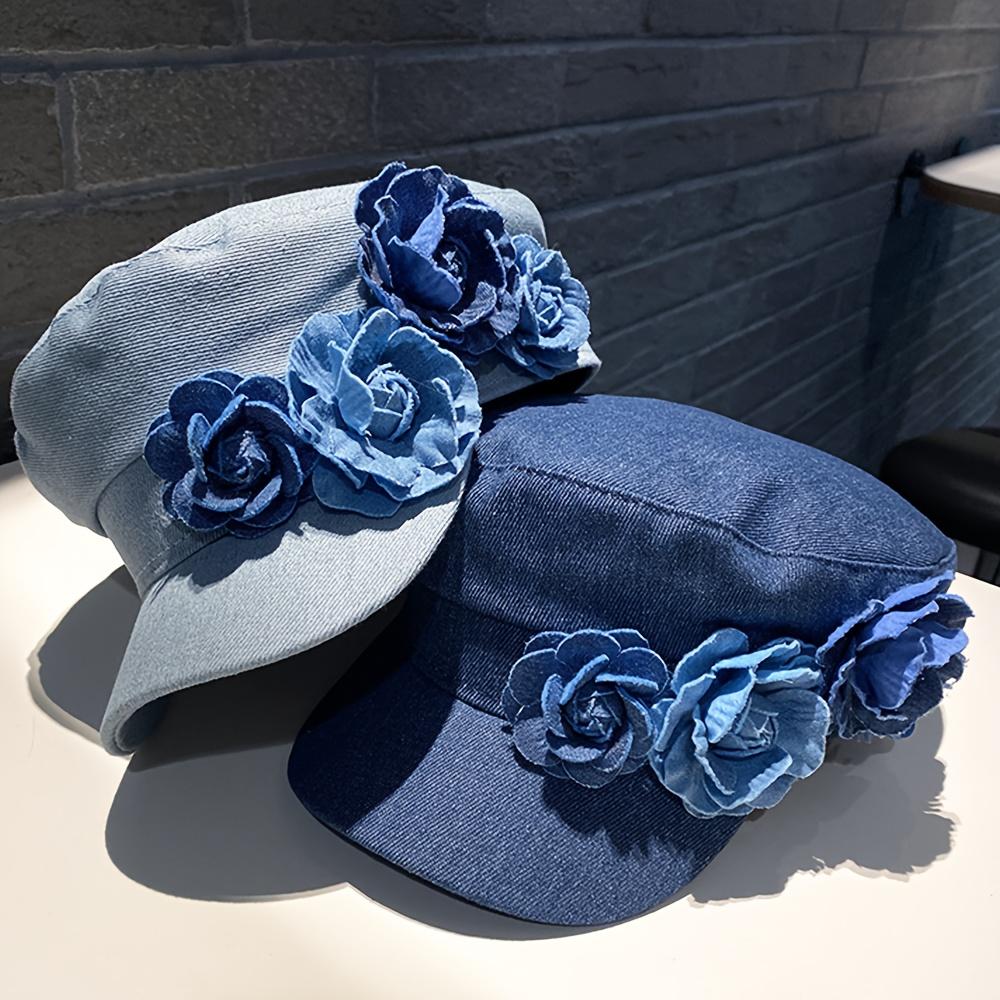 2025 Spring And Autumn Women'S Denim Rose Design Baseball Cap, Octagonal Hat, Beret - A Must-Have For Parties, Dates, Going Out, Outdoor Camping - A Perfect Gift