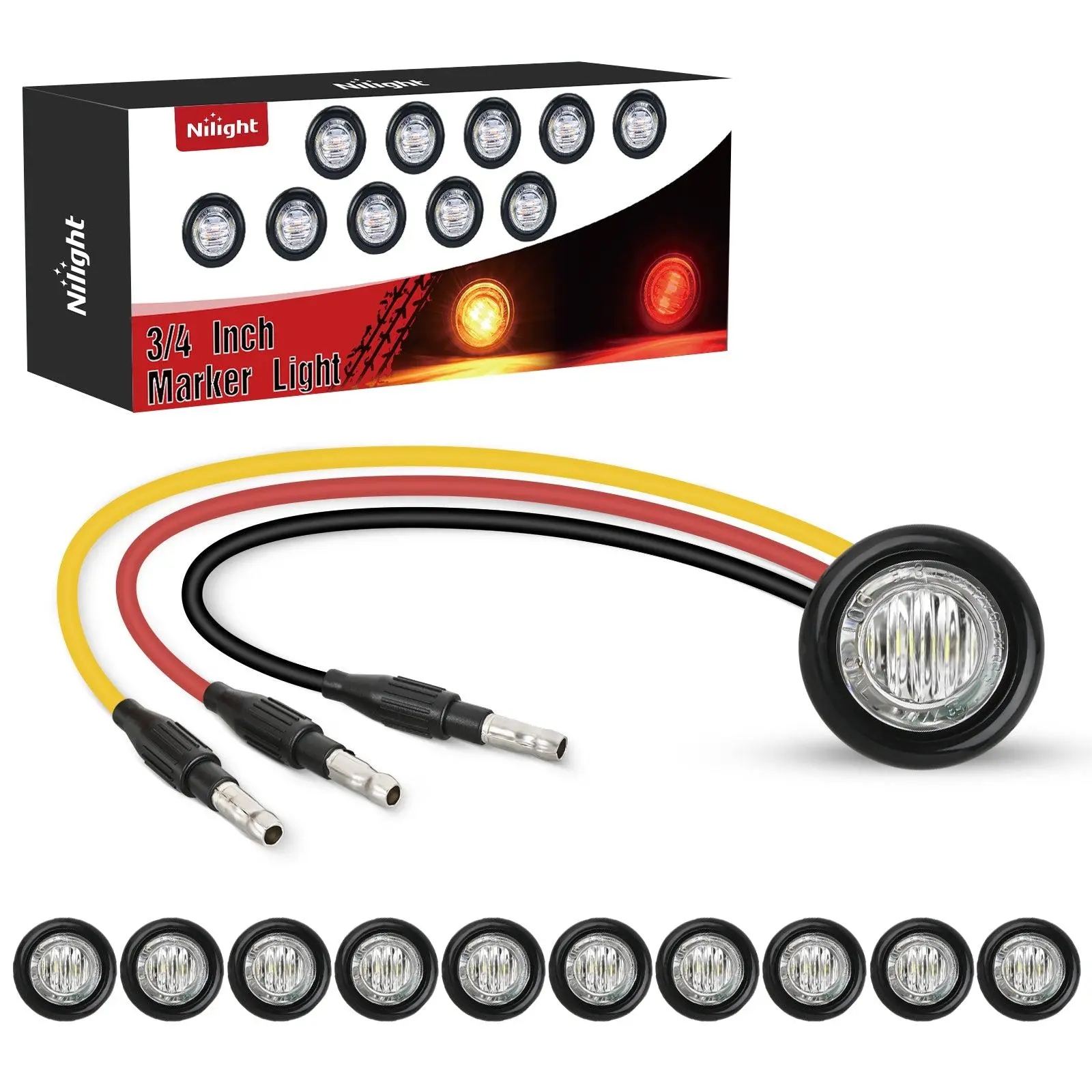 Nilight 3/4-Inch Dual Color Bullet Marker Lights (10PCS), 3-Plug IP68 Waterproof Units with Amber-to-Red Turn Signal, Cables, Tail, Brake & Parking Functions for Trailers, Trucks, Tail Lights