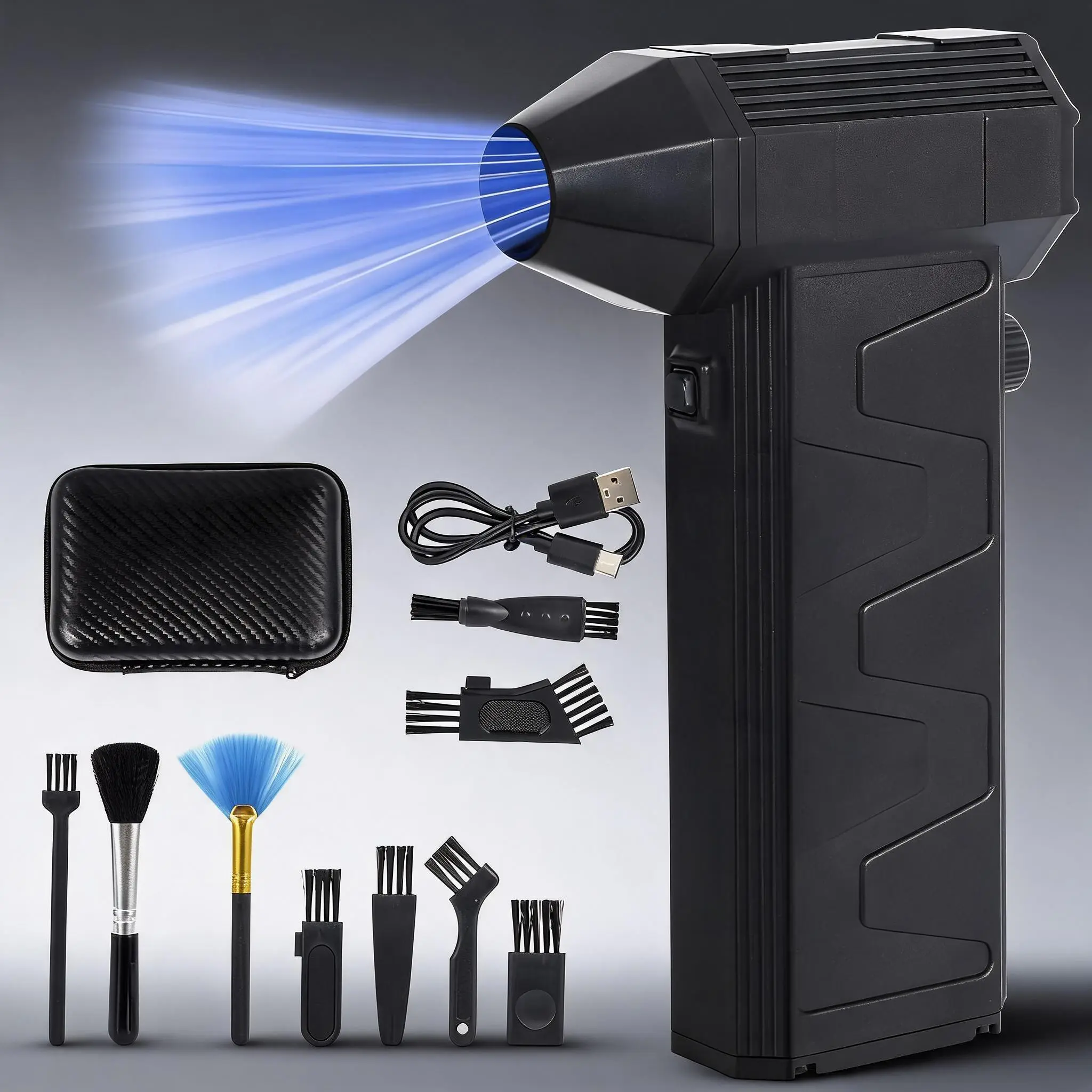 Electric Air Duster, Up to 200000RPM Wireless Rechargeable Air Blower - 8000mAh Battery - Adjustable Speed Enhanced Fan - 9 Brush Nozzles & Storage Box - PC/Keyboard/Car/Electronics Cleaning
