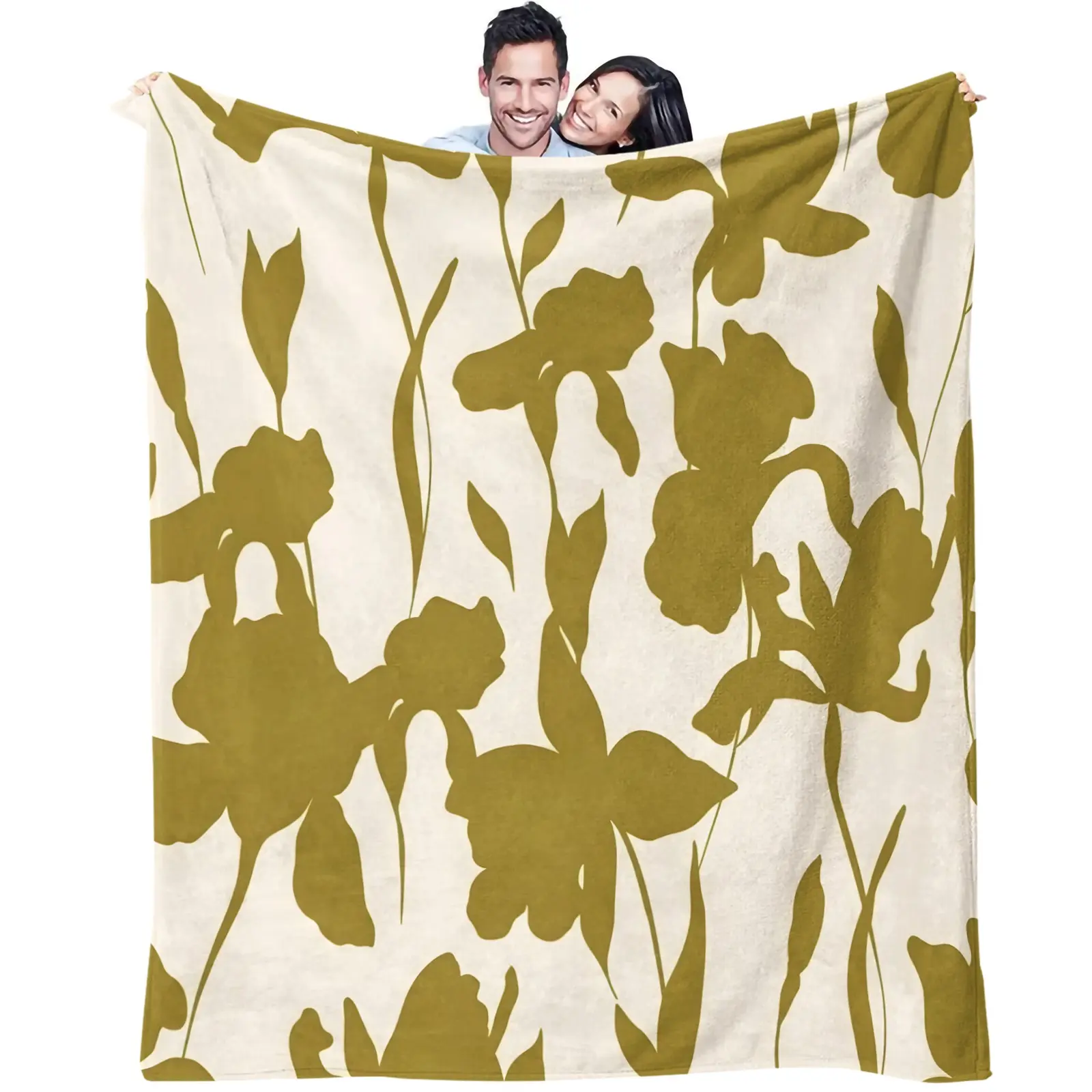 Floral Throw Blanket, Retro Olive Green Silhouette Floral French Minimalist Blanket, HD Printed, Soft Skin‑friendly & Portable, Suitable for Bedroom, Sofa, Camping, Rental House, Apartment, Homestay and Hotel Decor