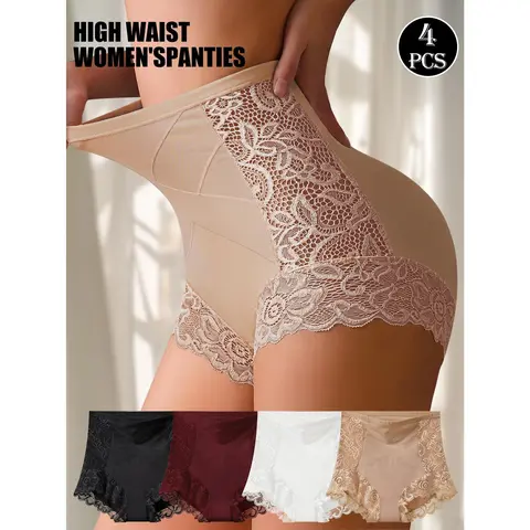 QUASTI Women's Elegance 4PCS High-Waisted Cross Lace Foldable Panties - S-XXL, Buttery-Soft Stretch Polyester-Elastane Fabric, Lightweight Breathable Seamless No-Show Briefs, Skin-Friendly Elastic Summer Daily Underwear for Women
