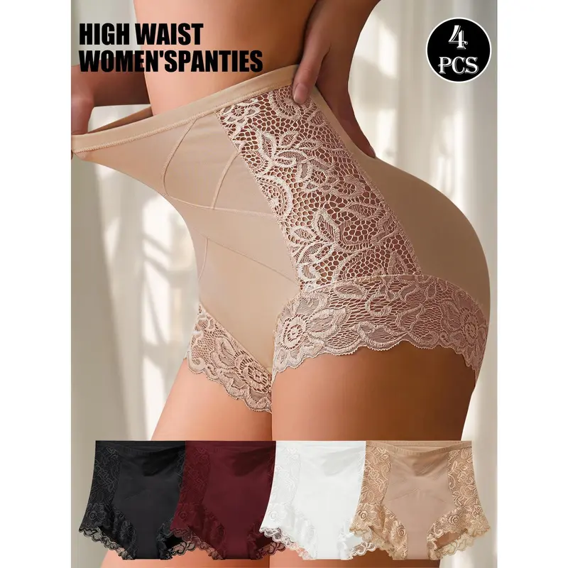 QUASTI Women's Elegance 4PCS High-Waisted Cross Lace Foldable Panties - S-XXL, Buttery-Soft Stretch Polyester-Elastane Fabric, Lightweight Breathable Seamless No-Show Briefs, Skin-Friendly Elastic Summer Daily Underwear for Women