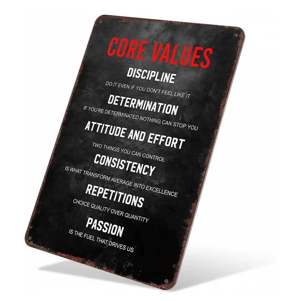 Core Values Aluminium Metal Sign - 8x12 Inch Distressed Retro Style, Waterproof & Rust-Free, Gym Gift, Bedroom Wall Decor, Vintage Home Plaque